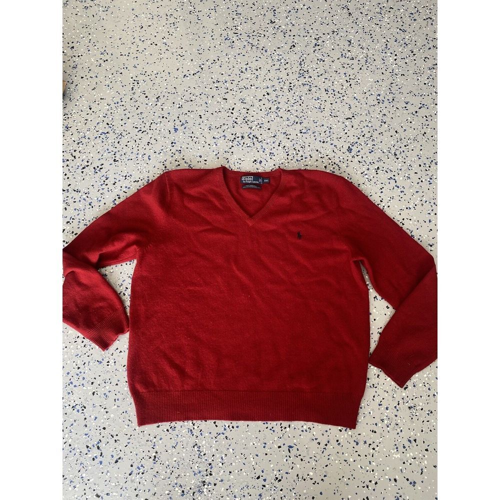 Polo Ralph Lauren Sweater Men's Size 2XLRed Lambswool V-Neck Pullover Logo HOLE‎